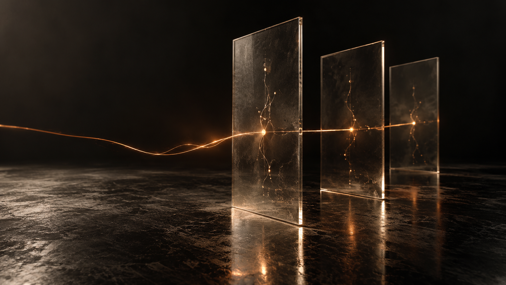 Orange evidence trail passing through three smoked-glass panels.