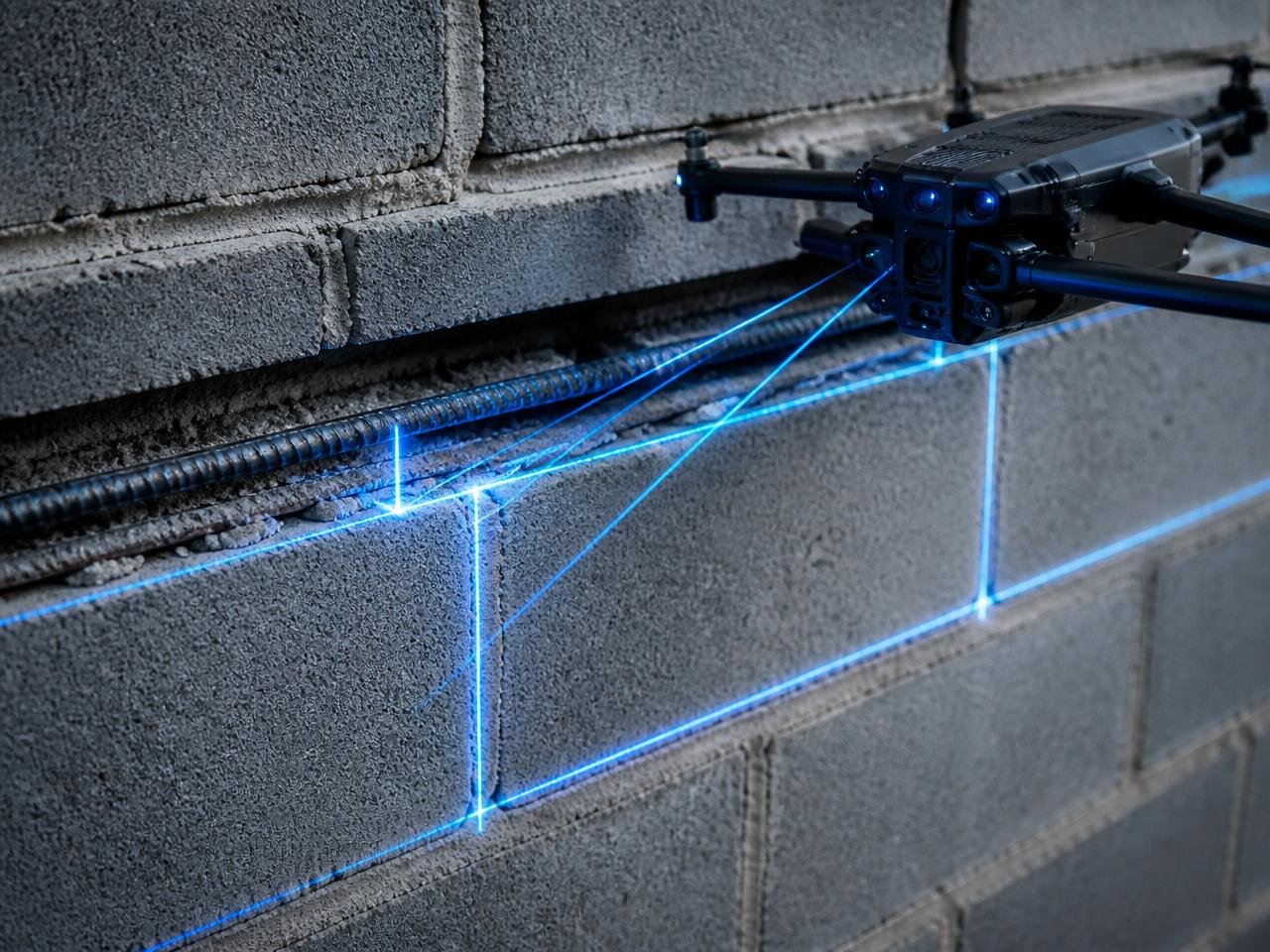 Close-up drone laser scan of CMU mortar joints and a bond beam course with horizontal rebar