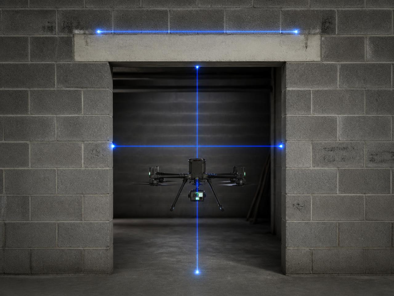 Drone measuring a door opening and lintel in a CMU wall with blue laser lines