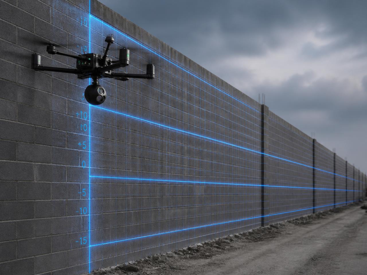 Drone projecting a blue laser plumb plane and straightness lines along a long CMU wall