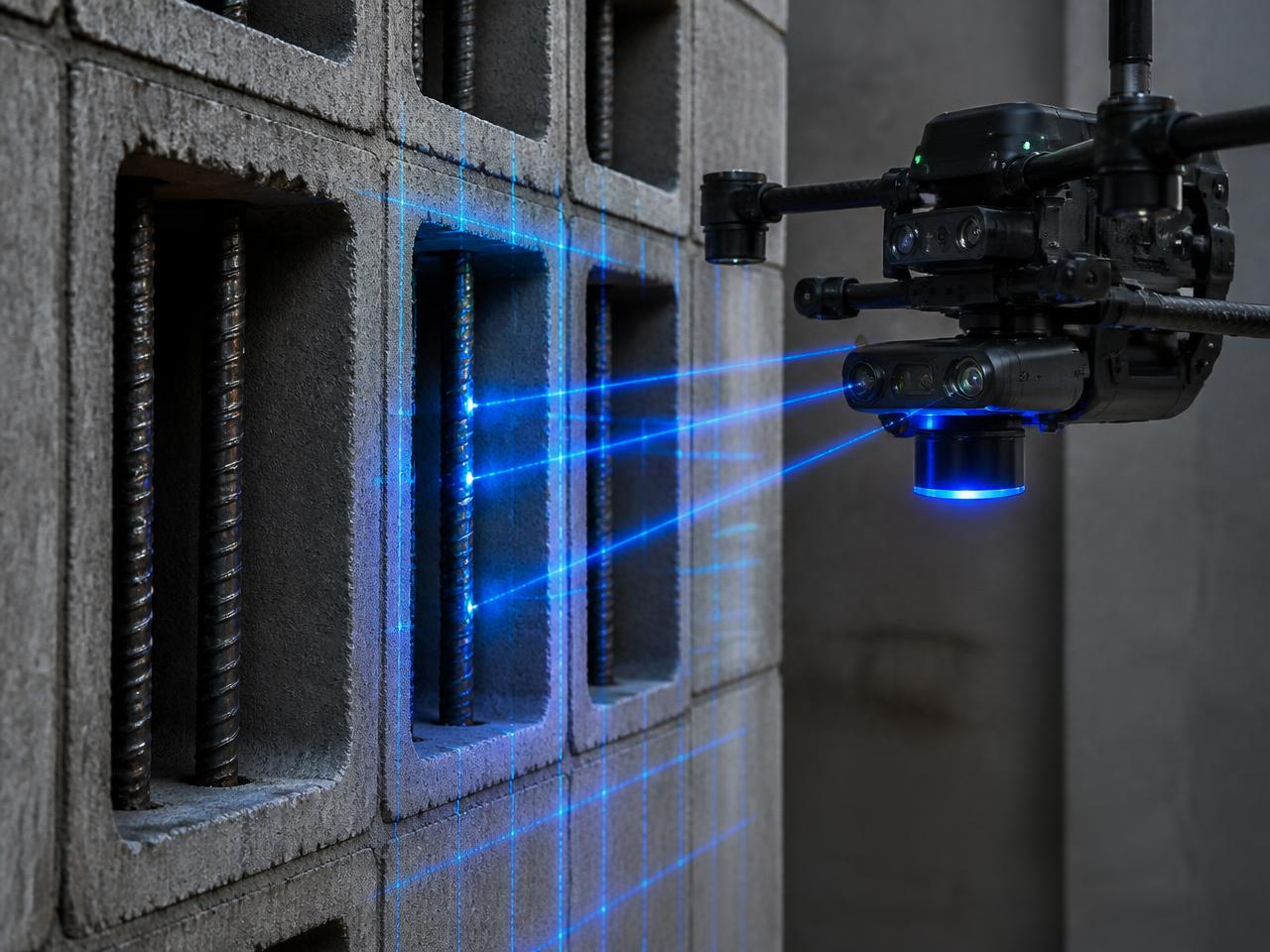 Drone laser scanning vertical rebar inside open ungrouted CMU cells