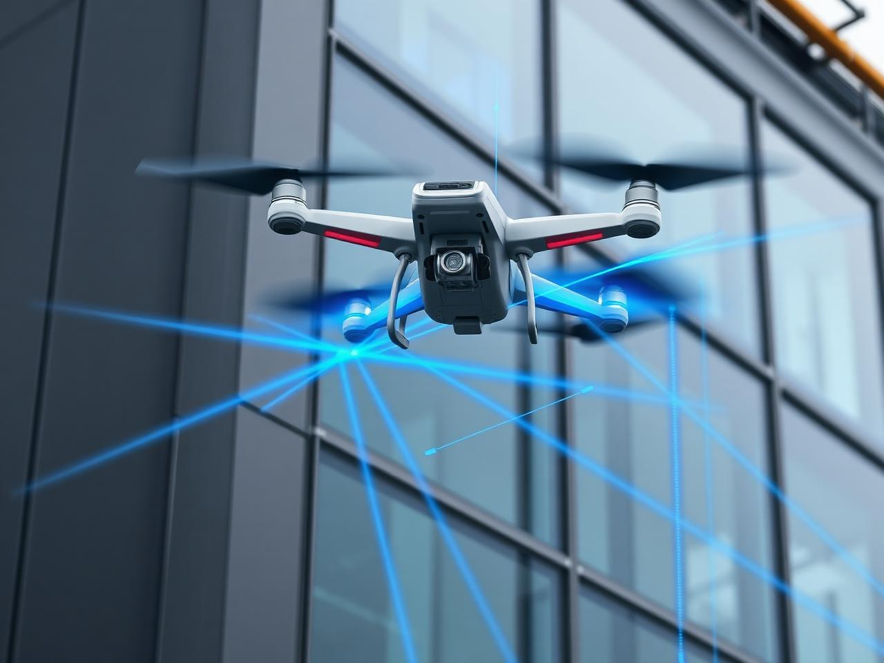 Drone laser measuring curtain wall panel joints and perimeter sealant on a glass facade