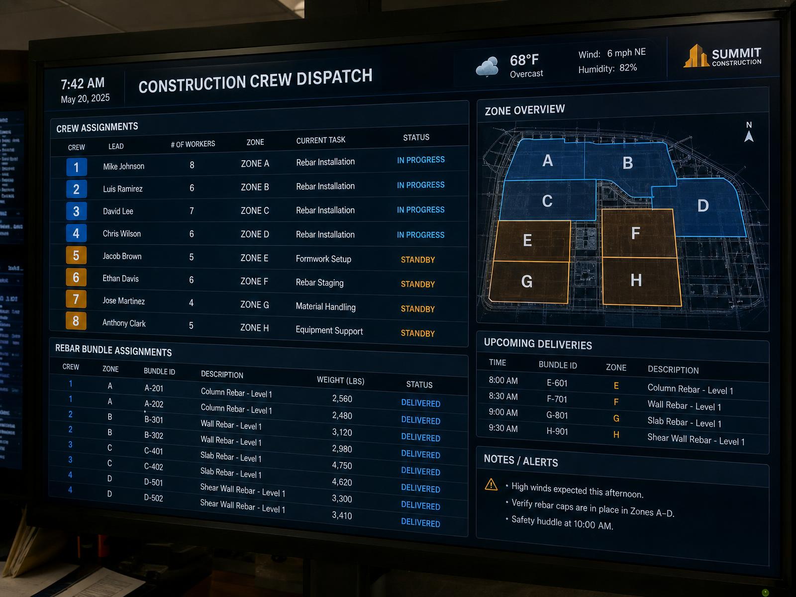 Dark dispatch dashboard showing numbered crews, zone assignments and rebar bundle IDs