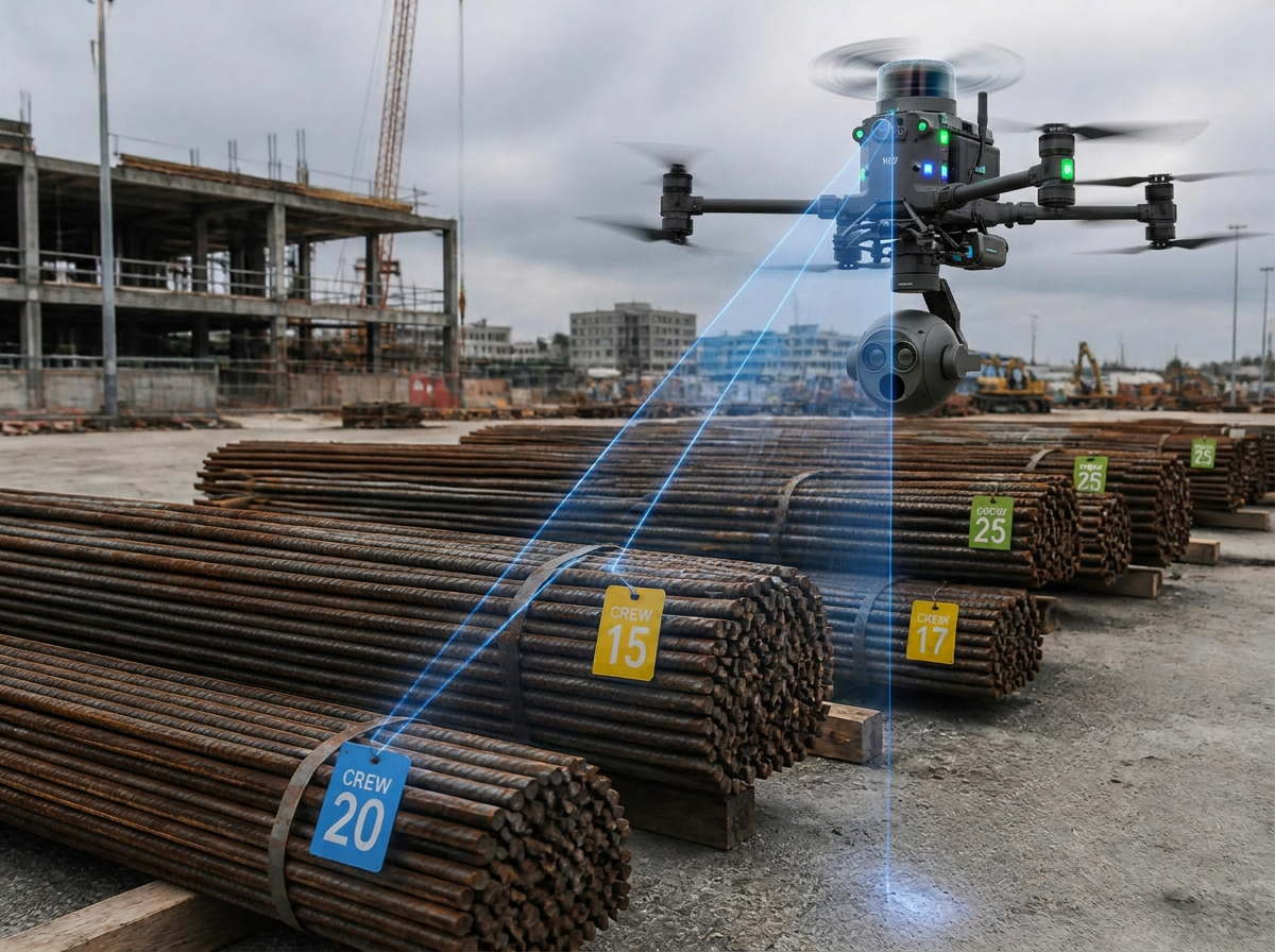 Bundles of ribbed steel rebar tagged with numbered crew tags being read by a drone with blue laser lines