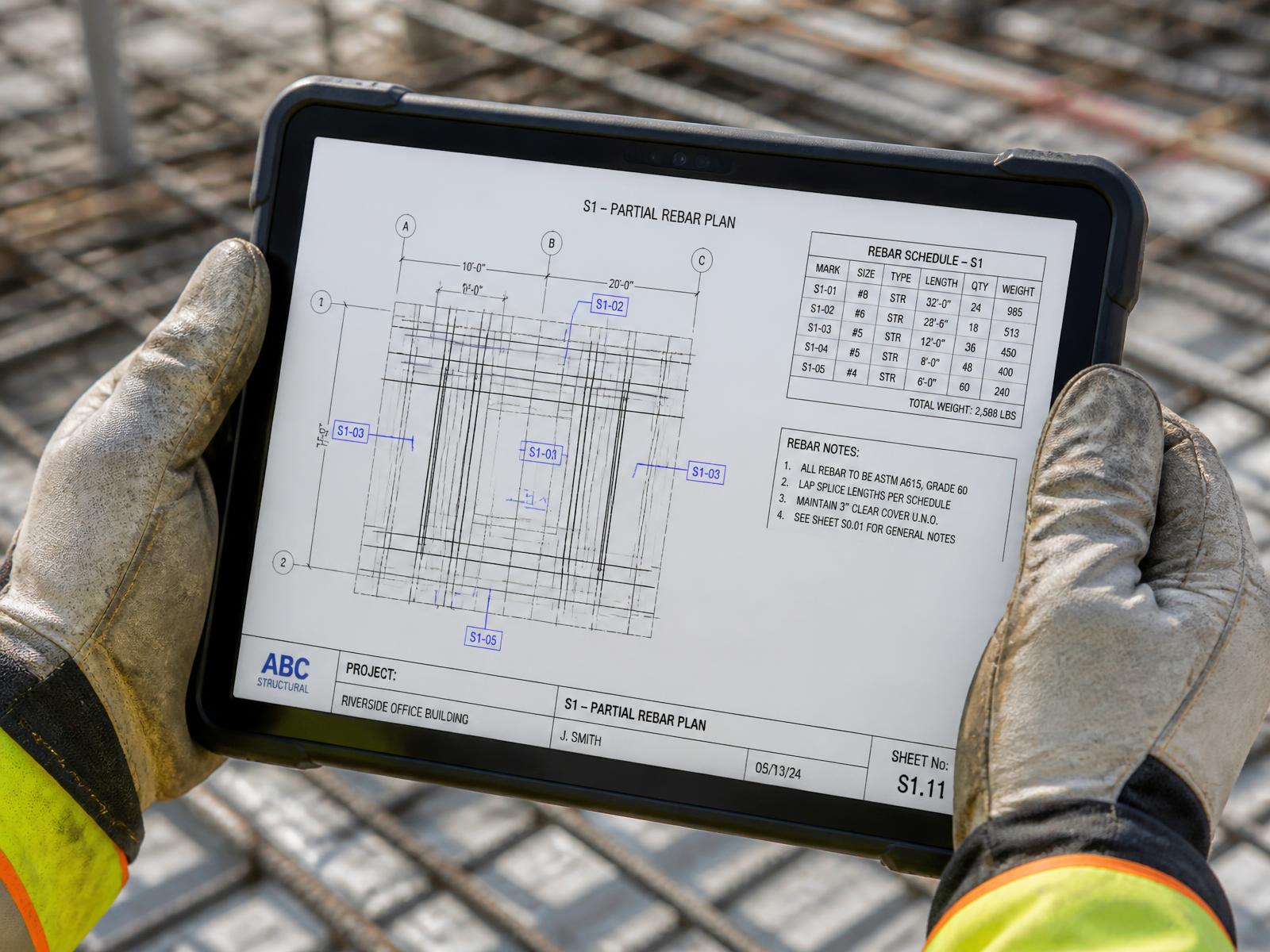 Gloved hands holding a tablet showing a partial rebar plan and filtered bar schedule for one zone