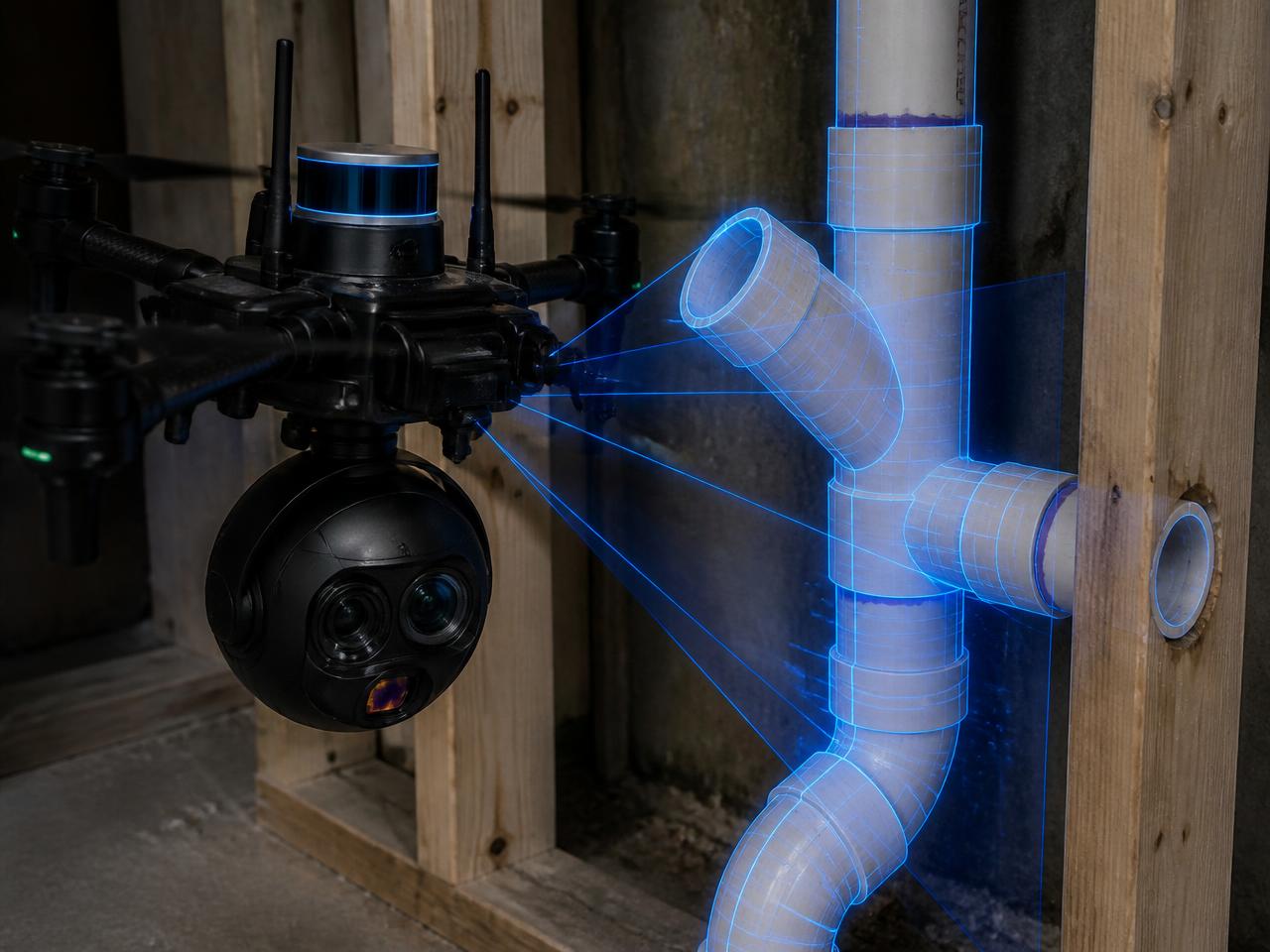 Drone hovering at a stud wall scanning a cluster of PVC drainage fittings with blue laser lines measuring each joint