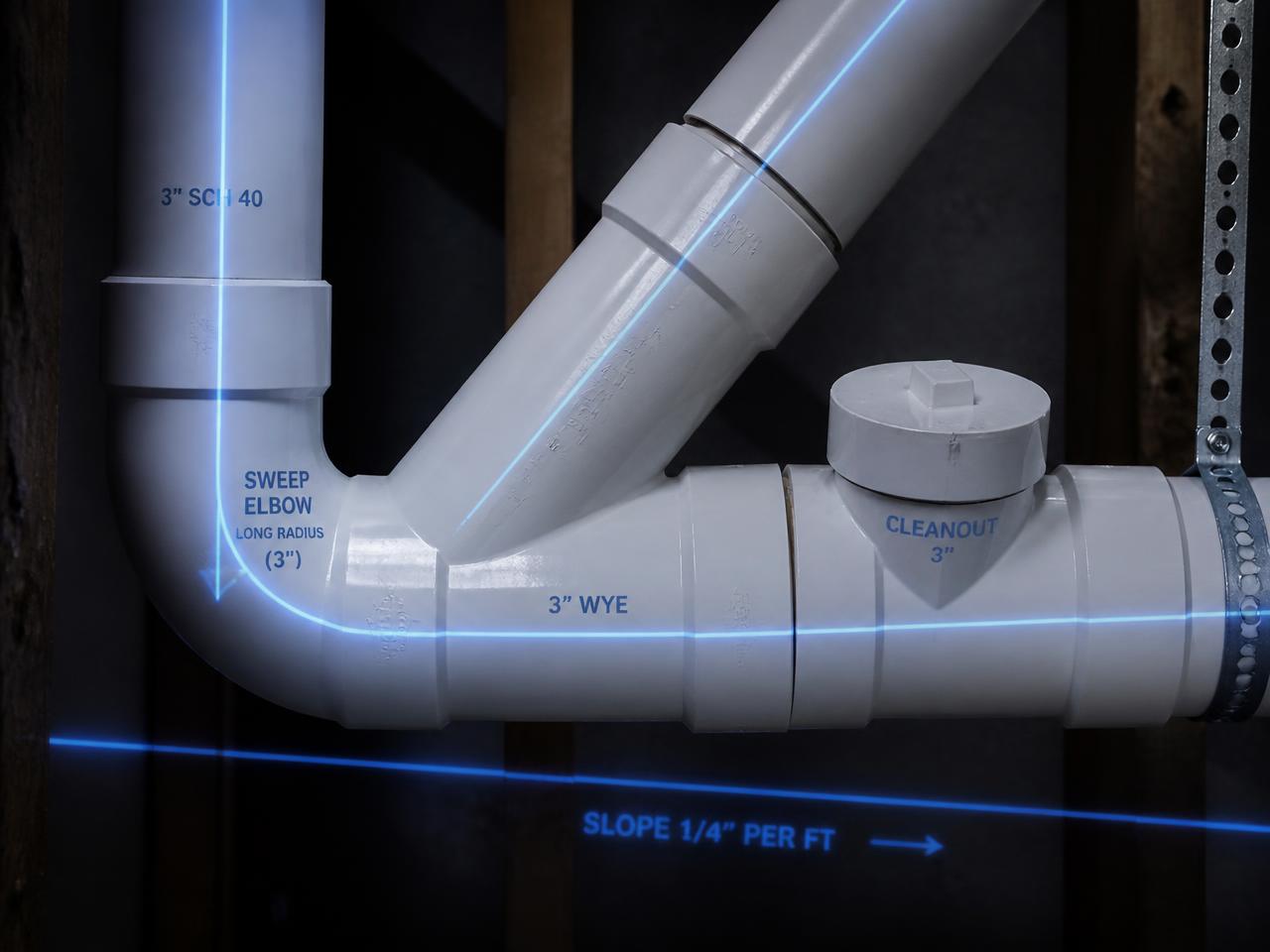 PVC sweep elbow, wye and cleanout with blue laser lines labelling fitting type and slope