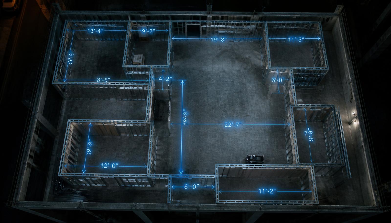 Overhead drone view of a framed floor plate with blue laser lines measuring room dimensions