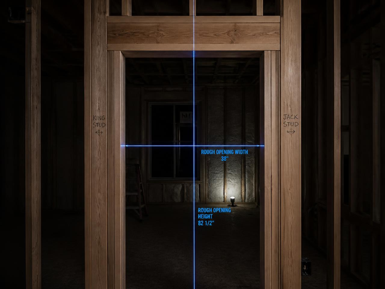 Framed door rough opening with blue laser lines measuring width and height