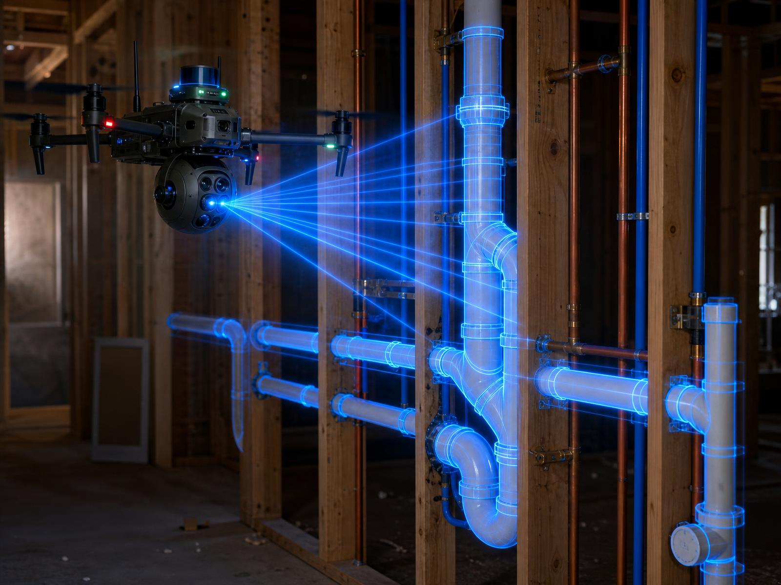 High-tech drone tracing an entire plumbing system inside a stud wall with blue laser lines highlighting every pipe run and fitting