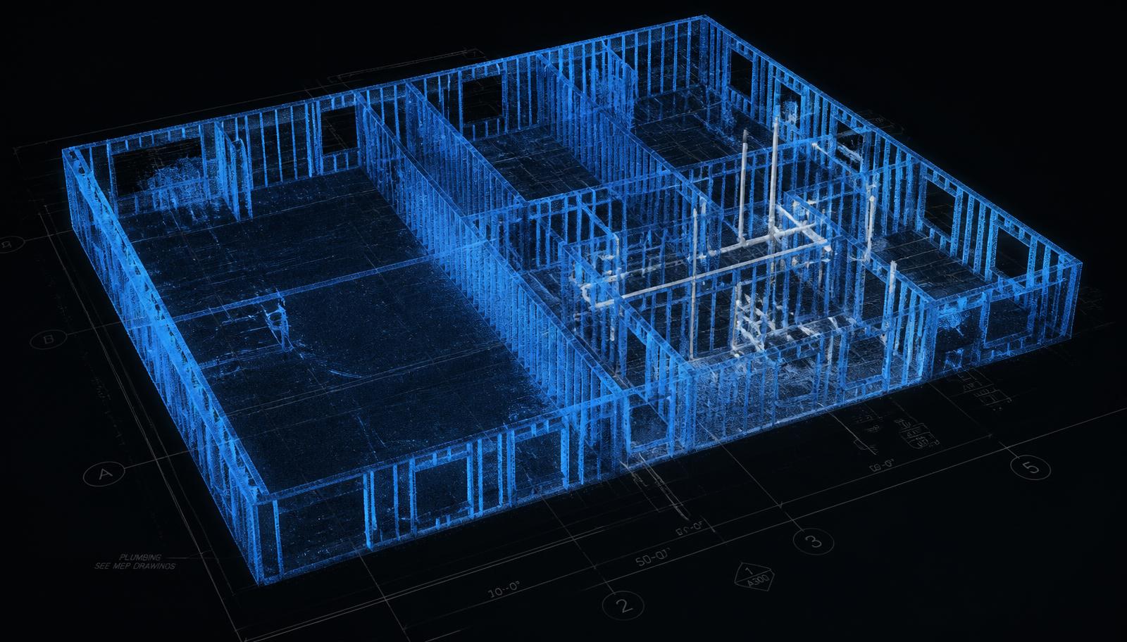 Blue point cloud model of a framed floor plate with plumbing overlaid on plan lines