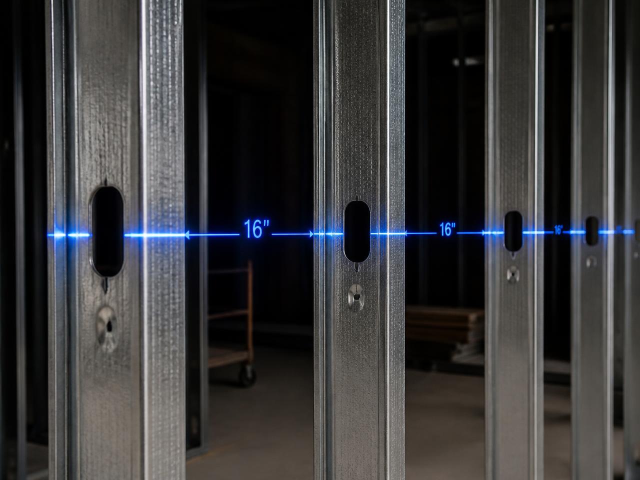Metal stud wall framing with blue laser lines measuring on-center stud spacing
