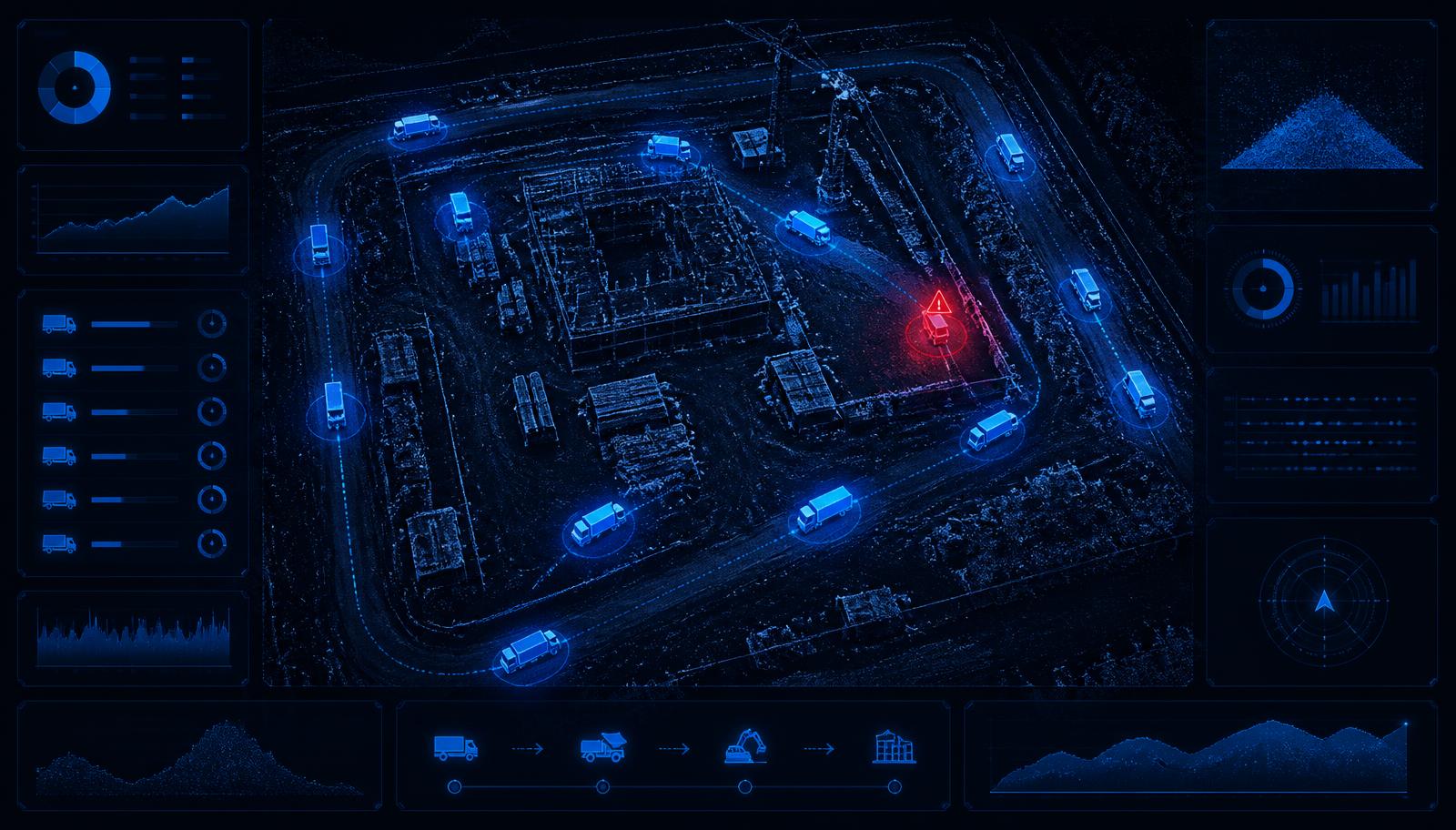 Blue logistics dashboard of a construction site with tracked truck icons and one red alert