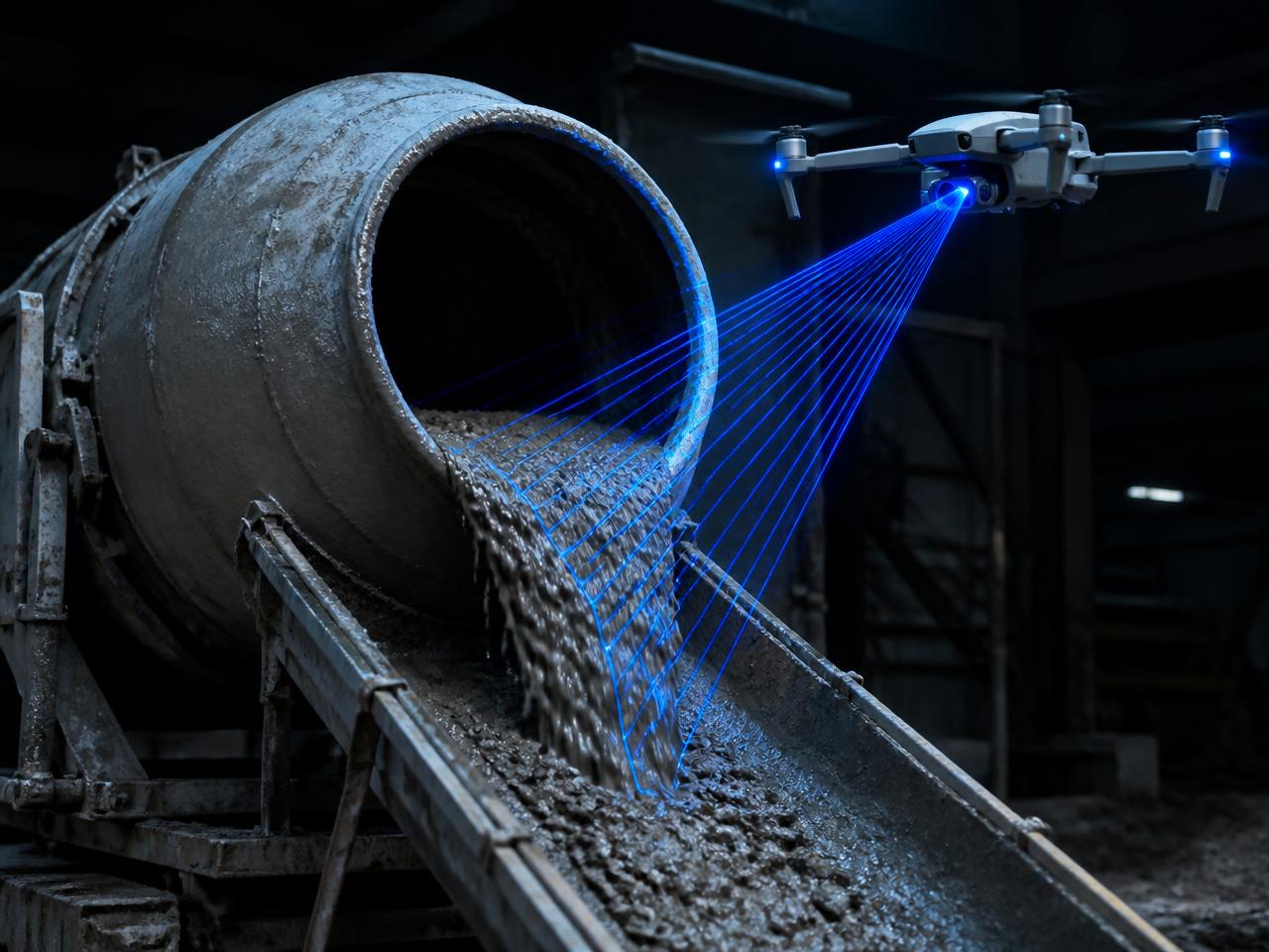 Concrete discharging down a chute from a mixer drum with blue laser scanning lines from a hovering drone