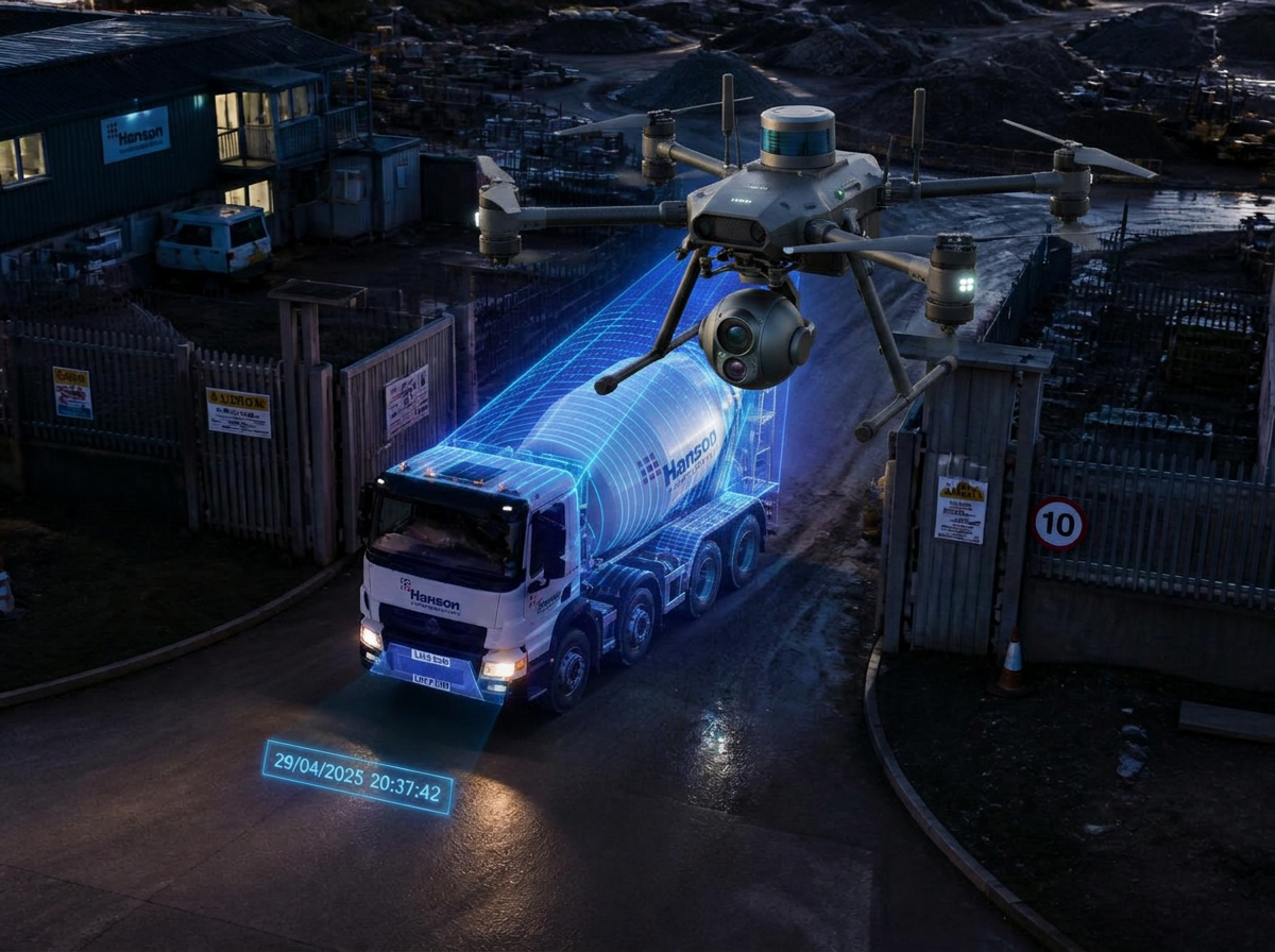 Concrete mixer truck entering a site gate, scanned by a drone with blue laser lines and a timestamp on the ground