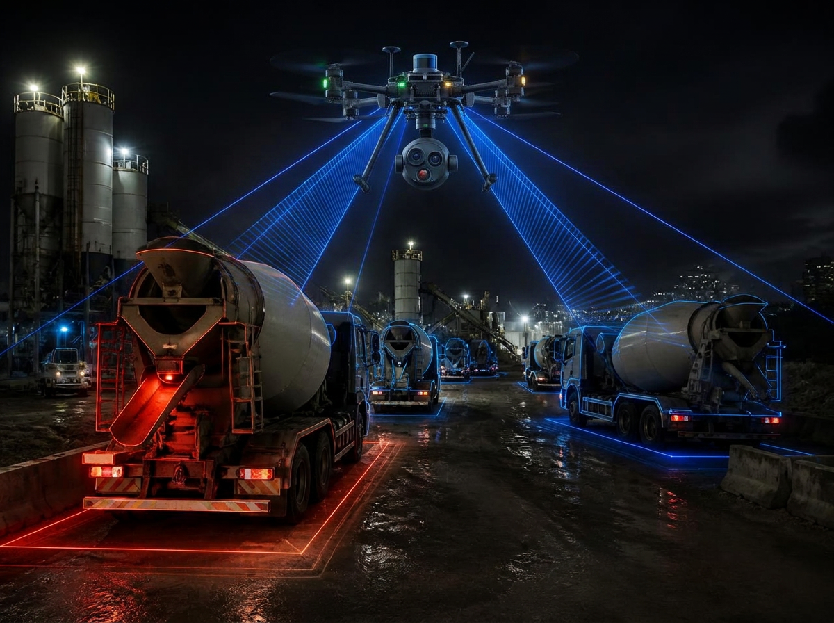 Queue of mixer trucks at night, one outlined in red as over its time limit while the drone tracks the rest in blue