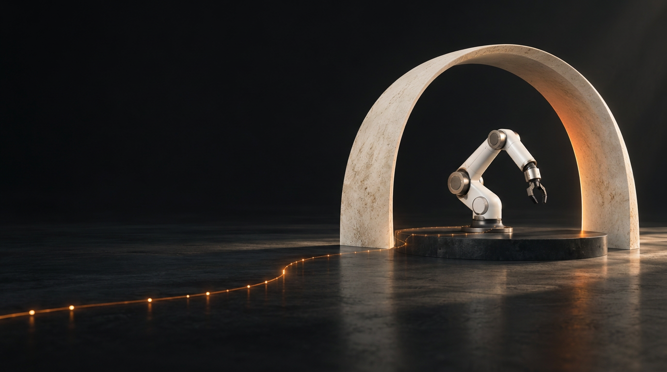 Robotic arm within an ivory arch, connected to an orange evidence trail.