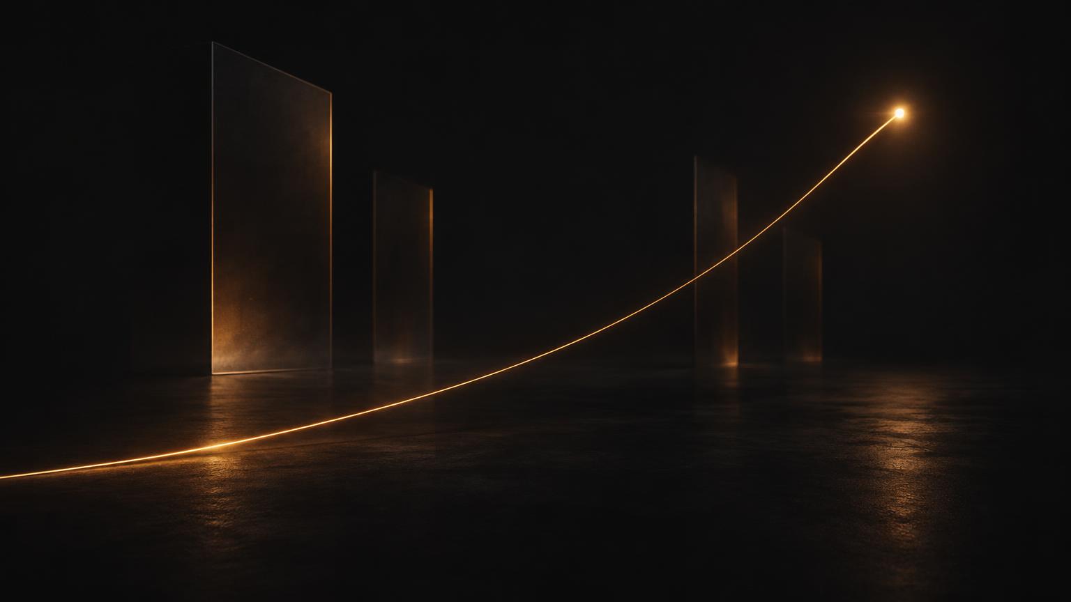 A single amber light trace crossing a dark charcoal plane toward a point of light.