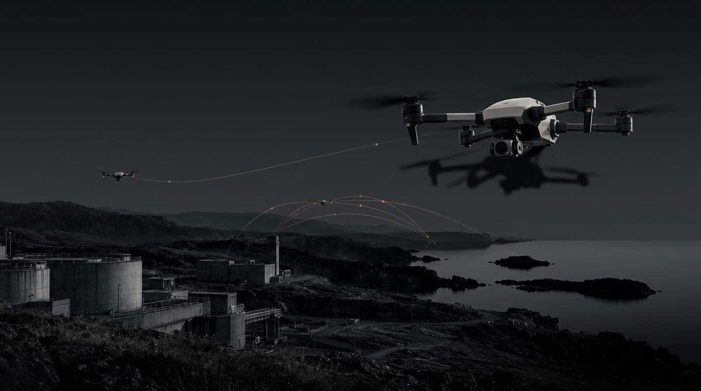 Illustrative aerial inspection drones above coastal works.
