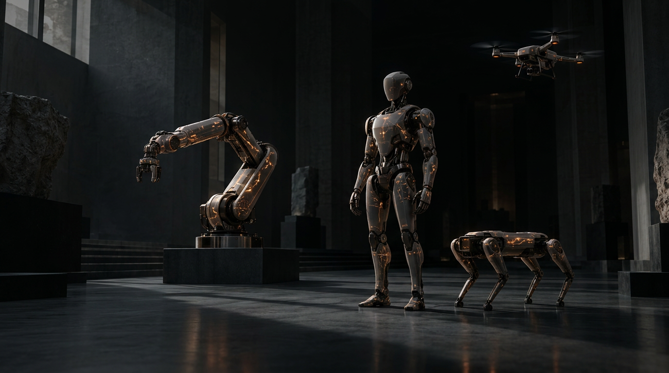 Industrial arm, humanoid, quadruped and drone in a charcoal hall.