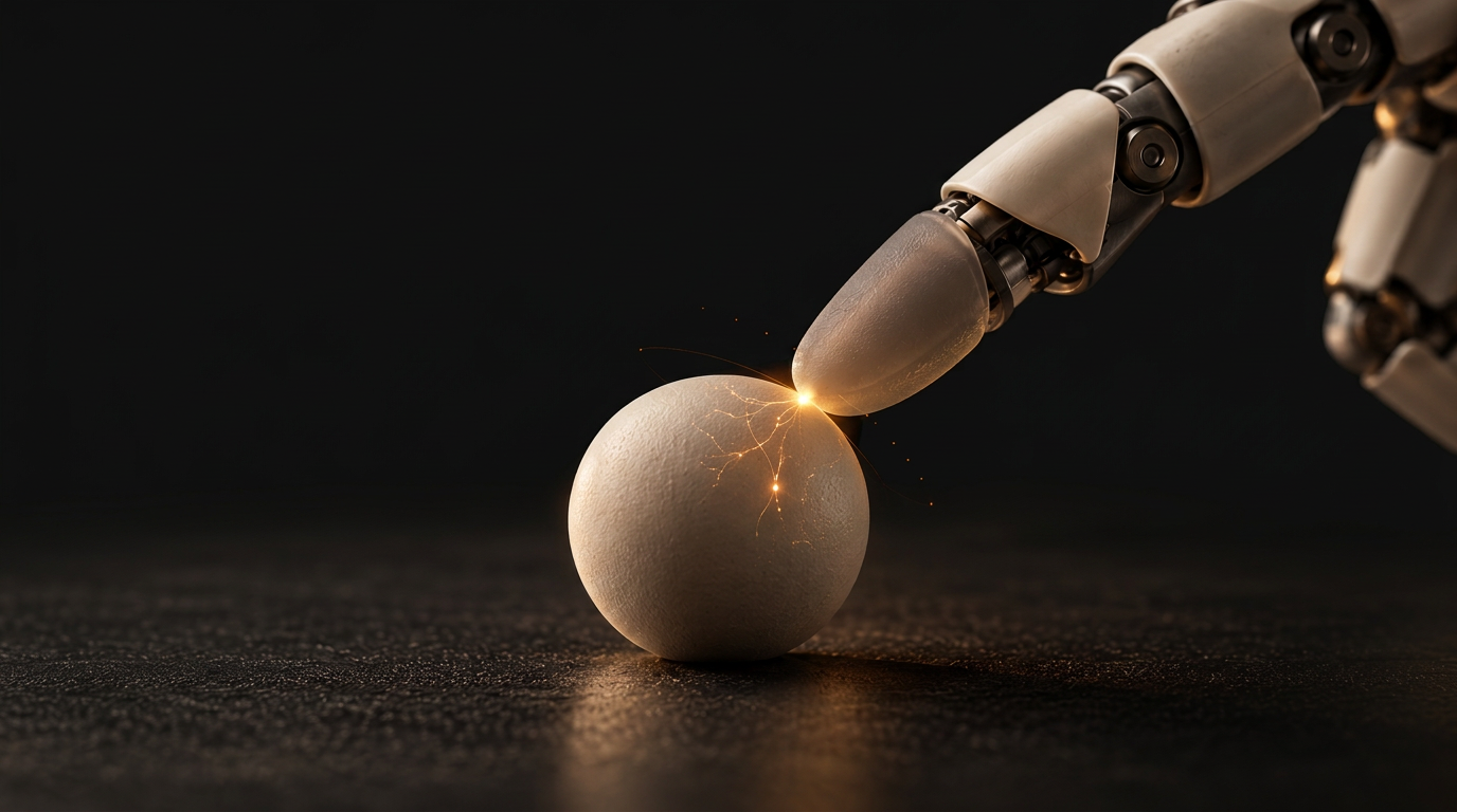 Robotic fingertip making precise contact with an ivory sphere.