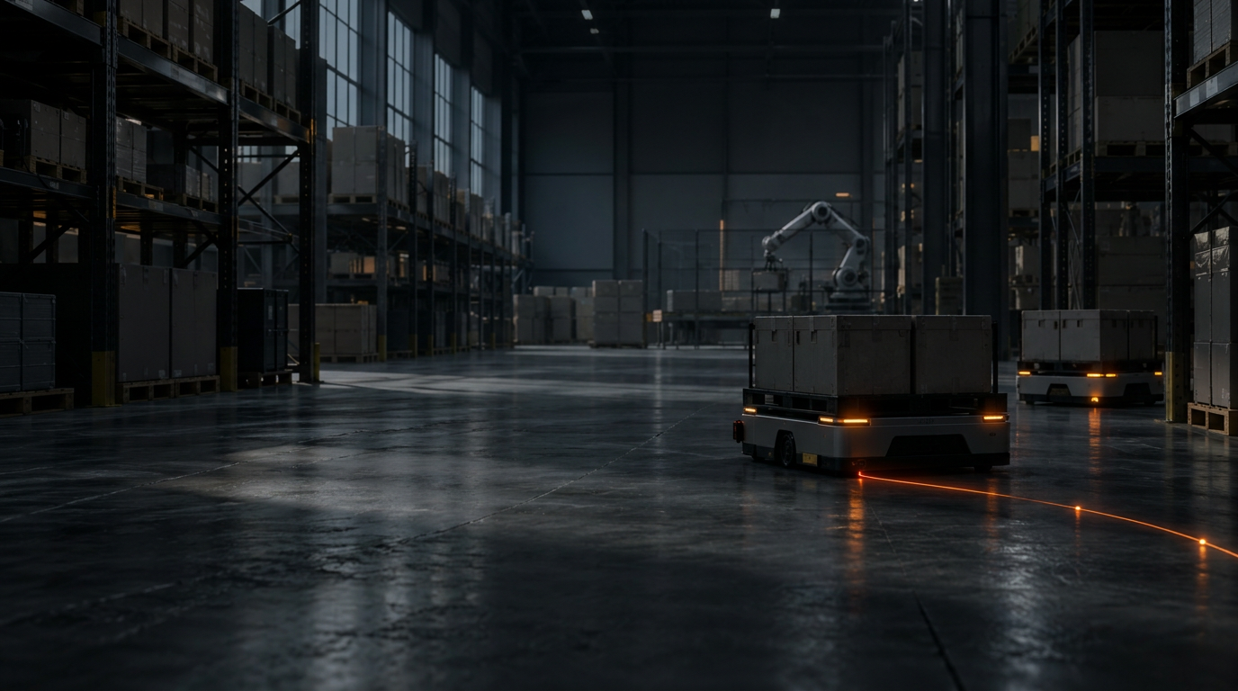 Illustrative autonomous ground robots carrying loads in a warehouse.
