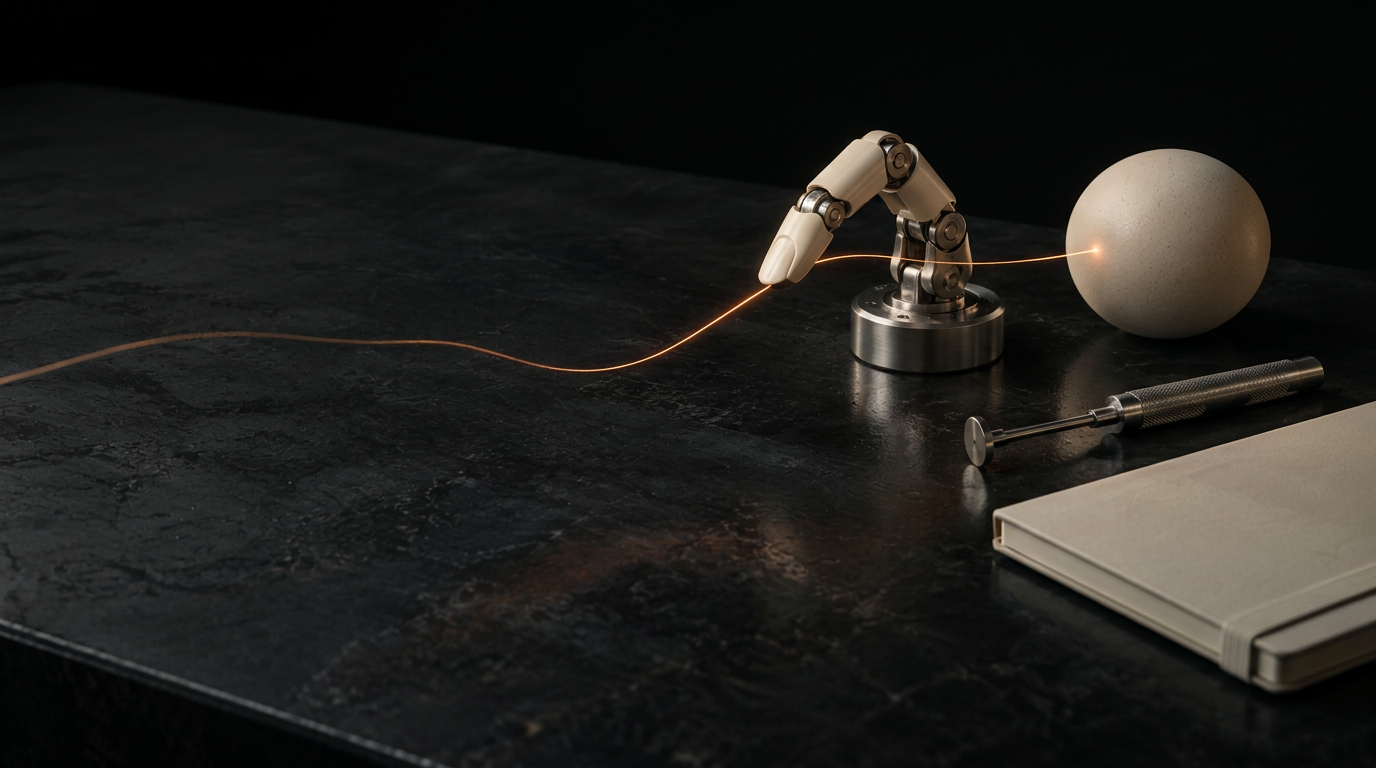 A research workbench with a robotic hand, ivory sphere, precision tool and notebook.