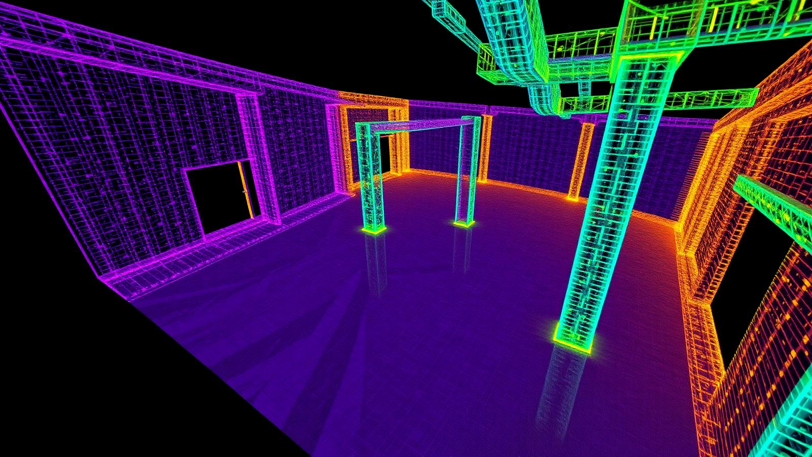Colorized LiDAR point cloud of a building interior showing walls, columns and ductwork