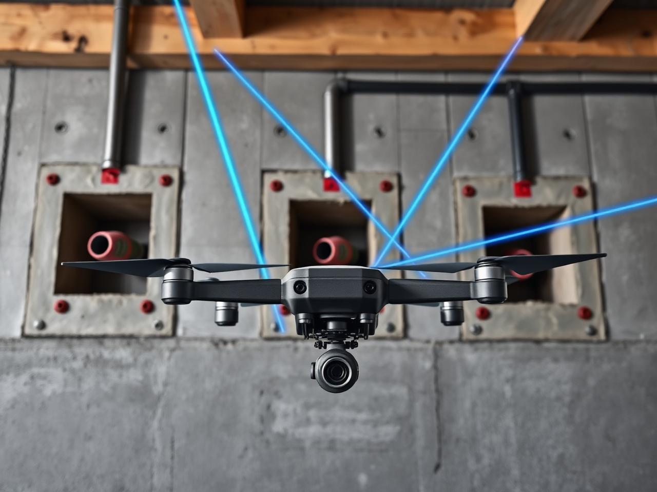 Drone laser scanning firestopped pipe penetrations through a rated construction wall, with one opening left unsealed
