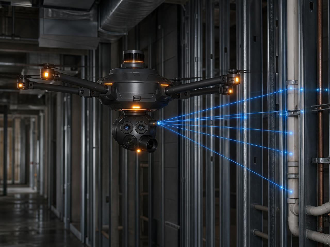 Drone laser scanning open stud walls filled with plumbing and conduit before drywall