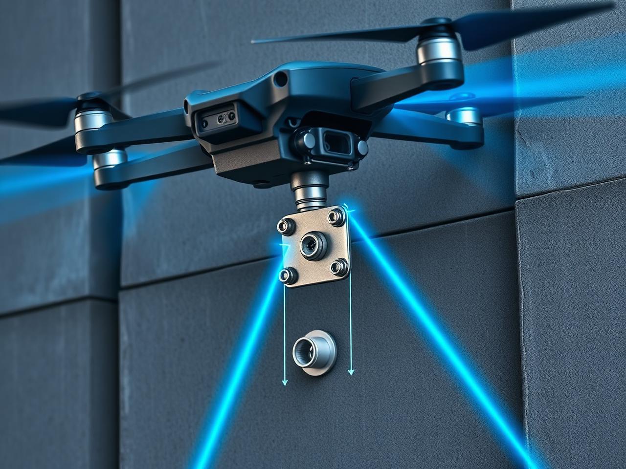 Drone laser measuring an embedded steel plate, anchor bolts and PVC sleeves projecting from concrete formwork before the pour