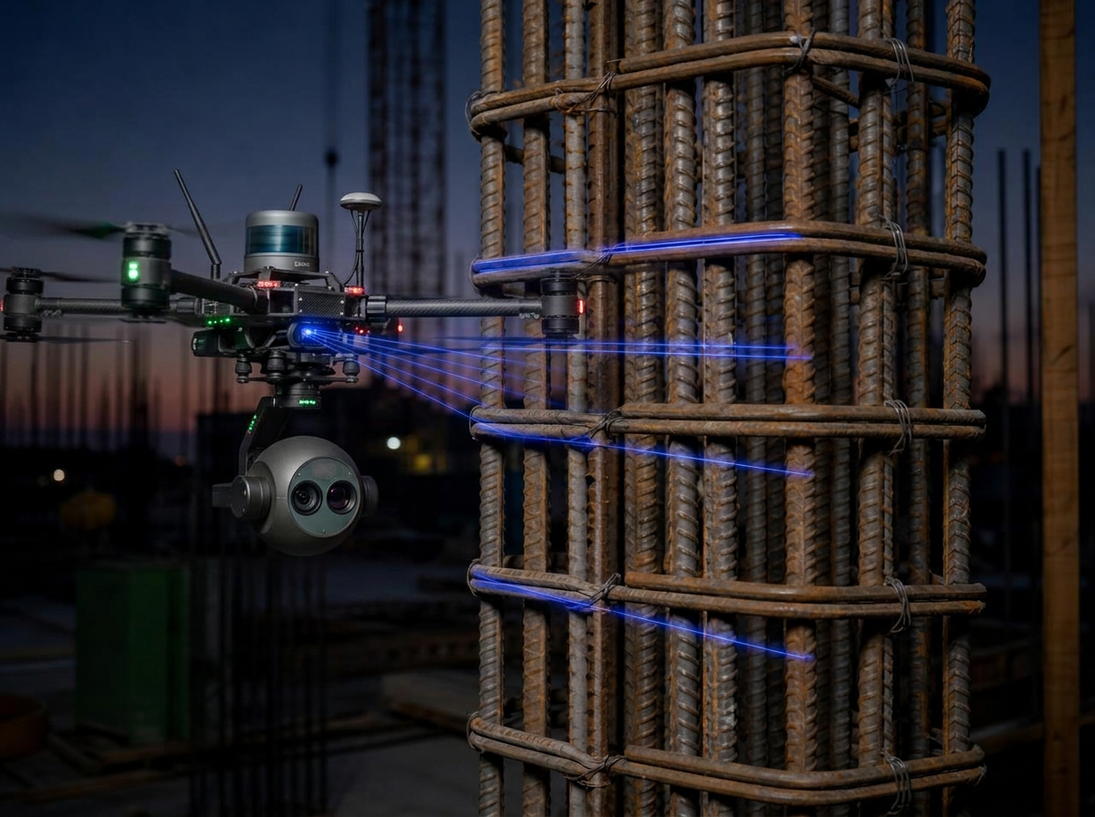 Column rebar cage with ties and a blue laser line measuring tie spacing