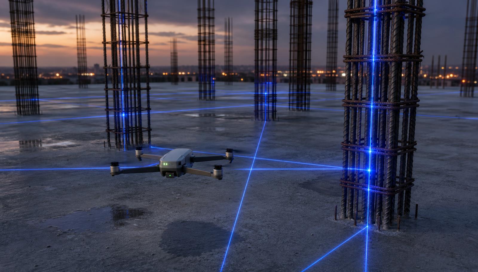 Overhead view of column rebar cages across a floor plate with blue laser grid lines