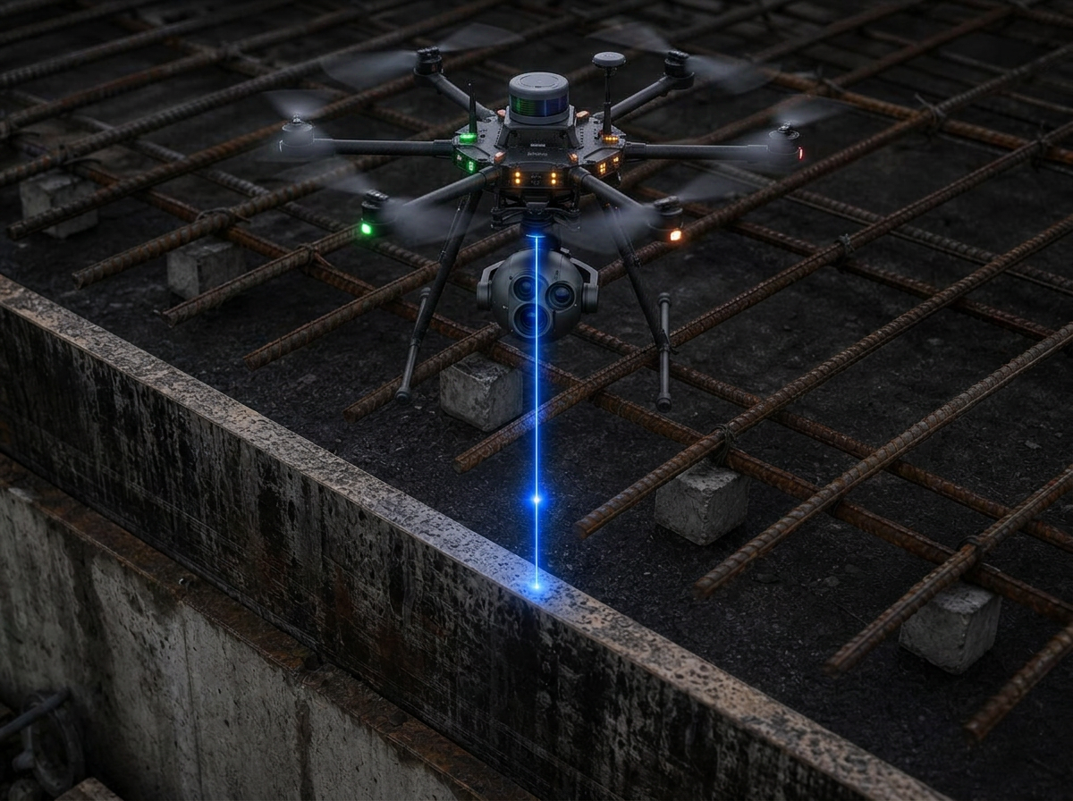 Rebar held above formwork on chairs with blue laser measuring concrete cover