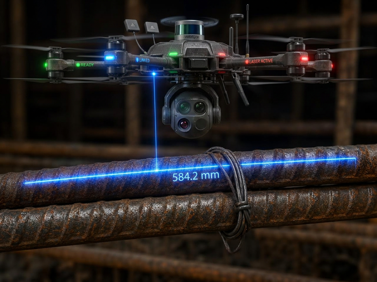 Overlapping tied rebar splice with a blue laser line measuring the lap length