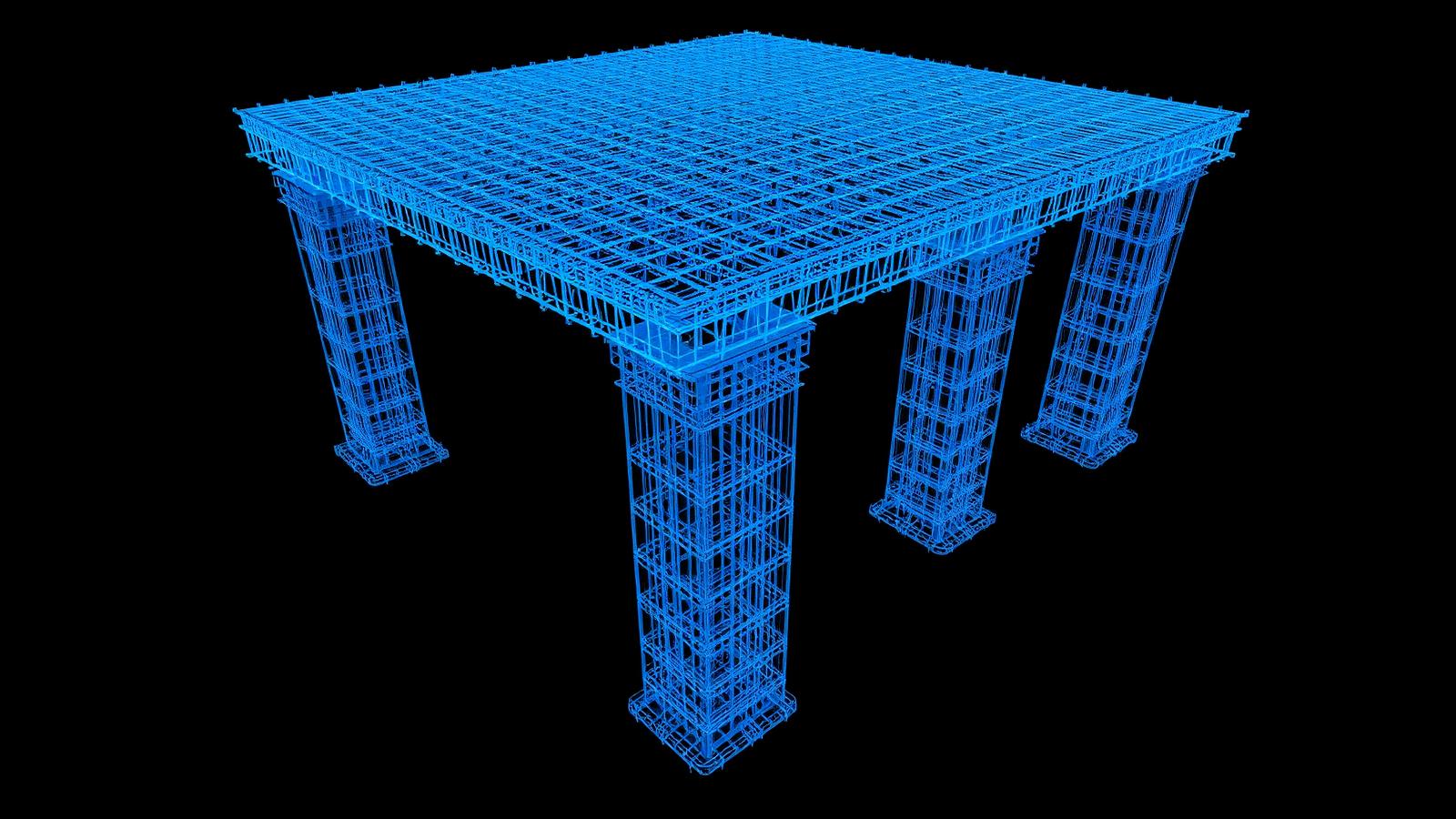 Blue point cloud model of slab reinforcement and column cages