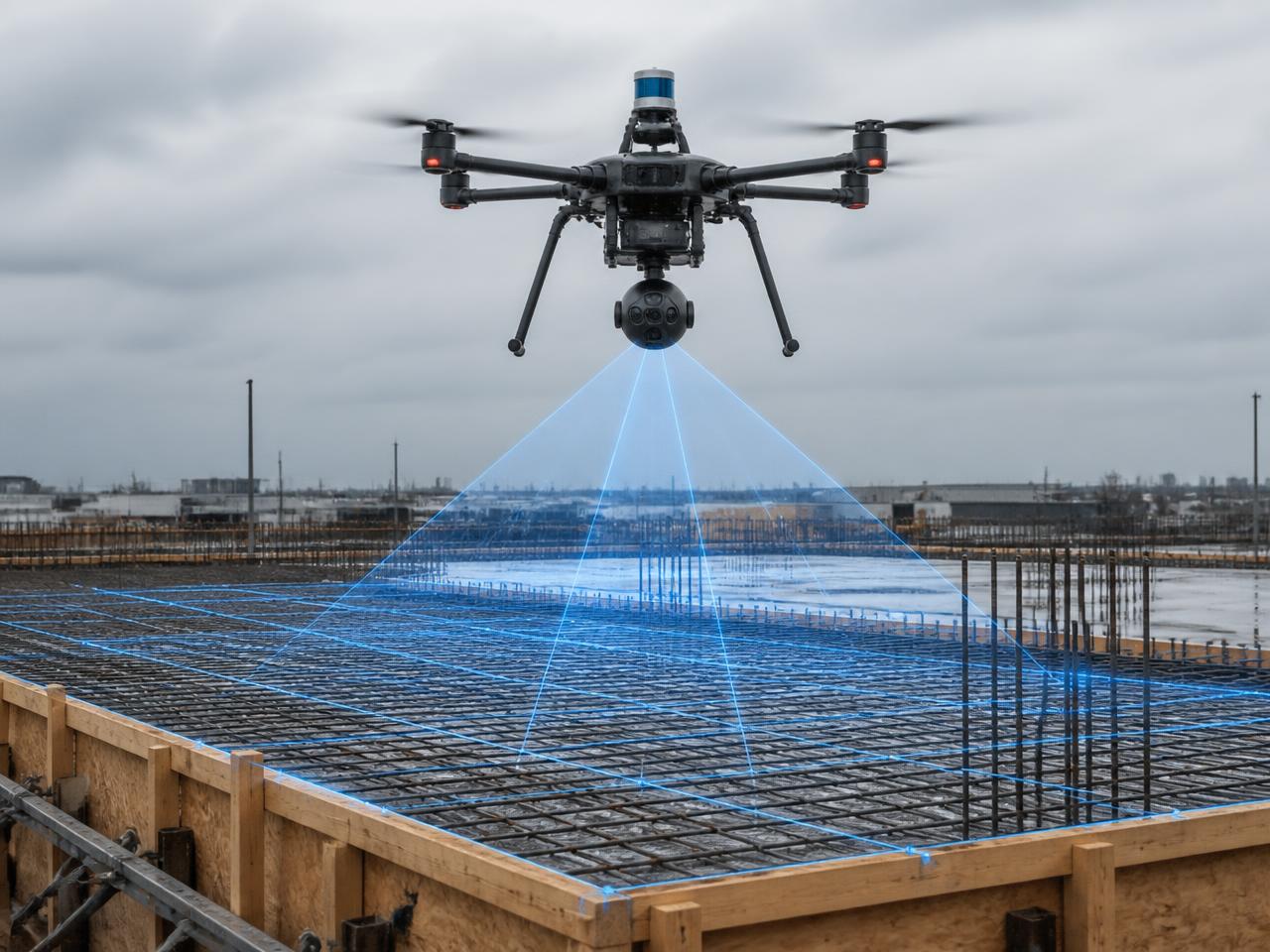 Drone hovering over a formed concrete slab deck projecting blue laser grid lines to measure area and thickness before the pour