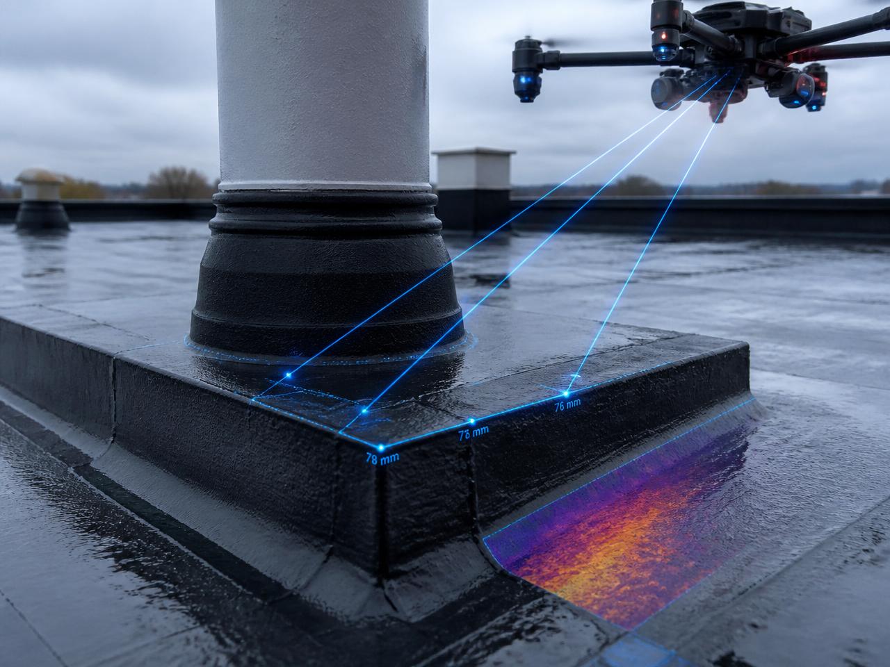 Drone laser measuring flashing laps and a pipe boot at a roof penetration, with a thermal bloom at the curb edge