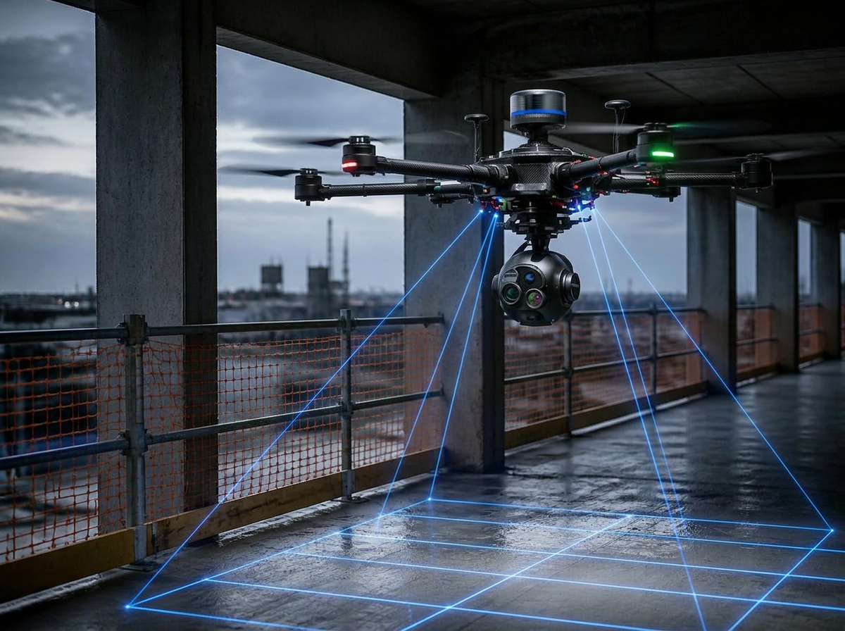 Drone scanning temporary guardrail barricades with orange mesh spanning between concrete columns on an unfinished floor before CMU walls are built