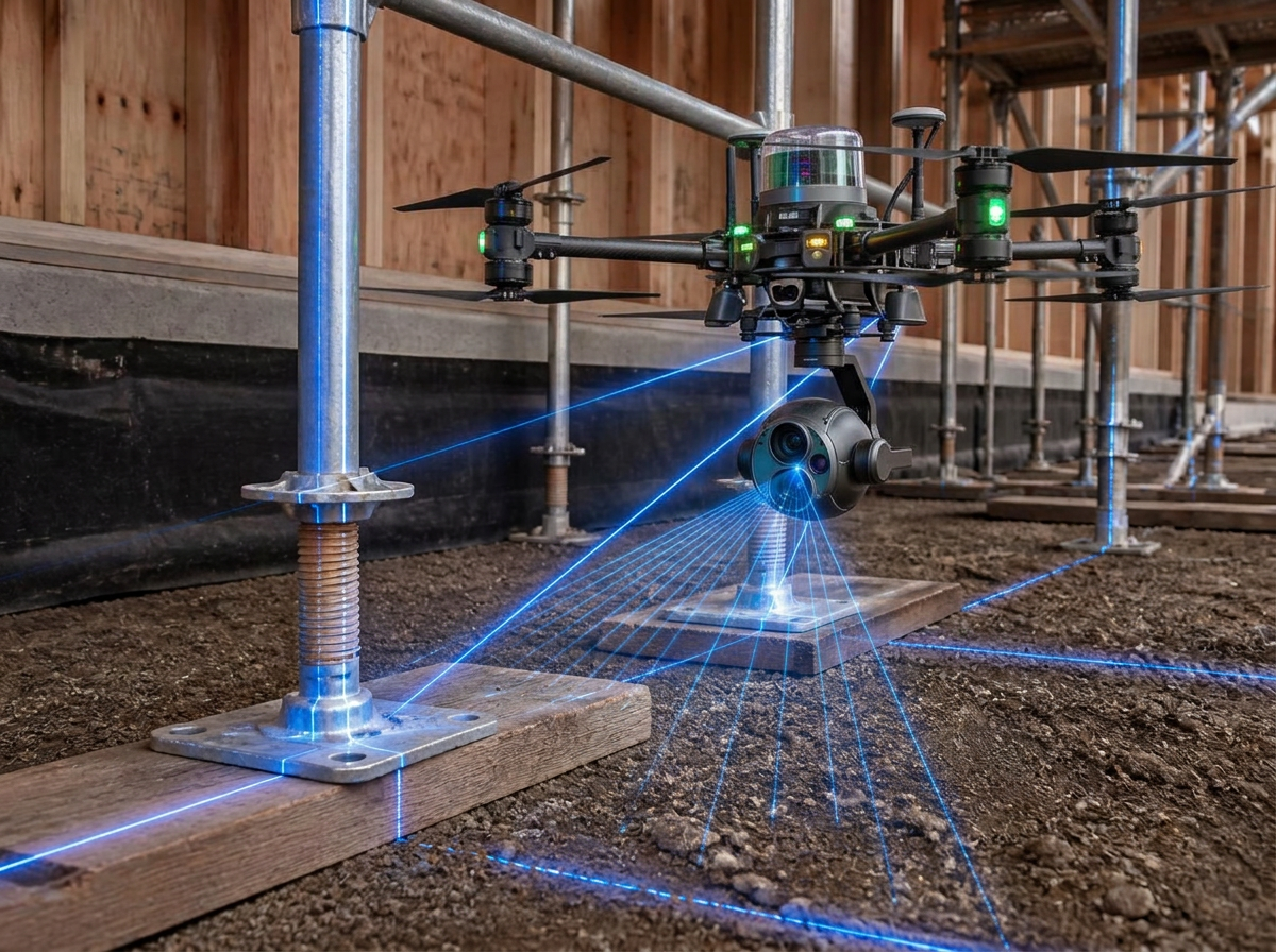 Drone scanning scaffold base plates and sole boards with blue laser lines