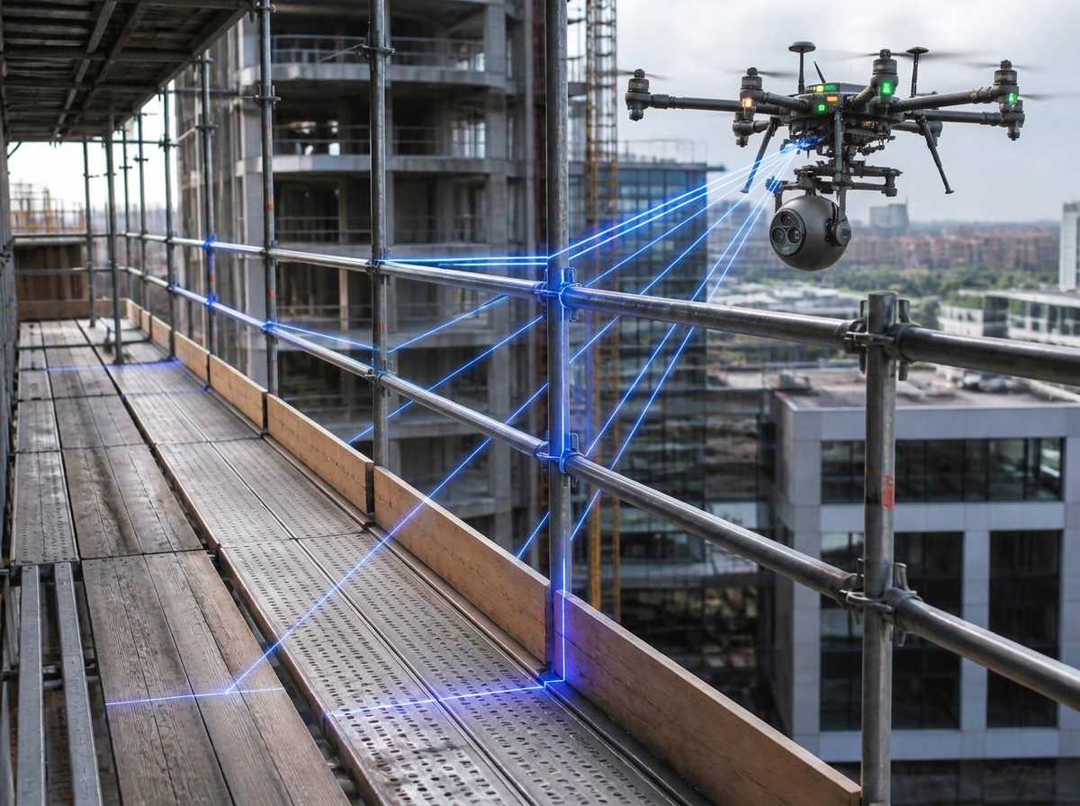 Drone measuring guardrail heights and plank gaps on a scaffold working platform with blue laser lines