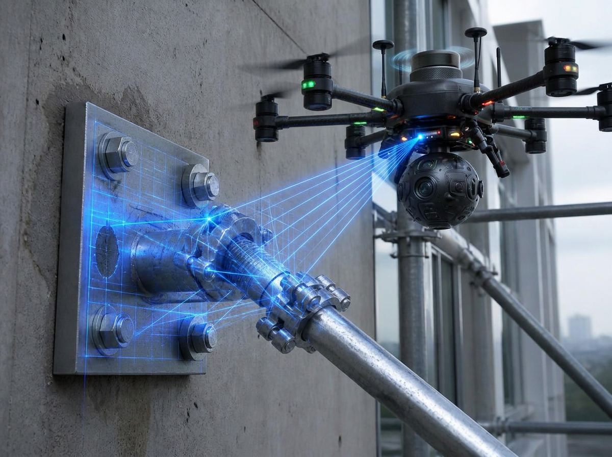 Drone scanning a scaffold tie anchor and coupler on a concrete facade with blue laser grid