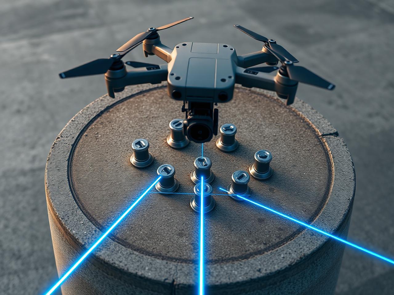 Drone laser measuring an anchor bolt pattern and base plate on a concrete pier before a steel column is set