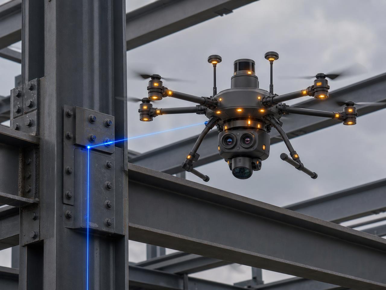 Drone tracing blue laser lines along structural steel beams and connections