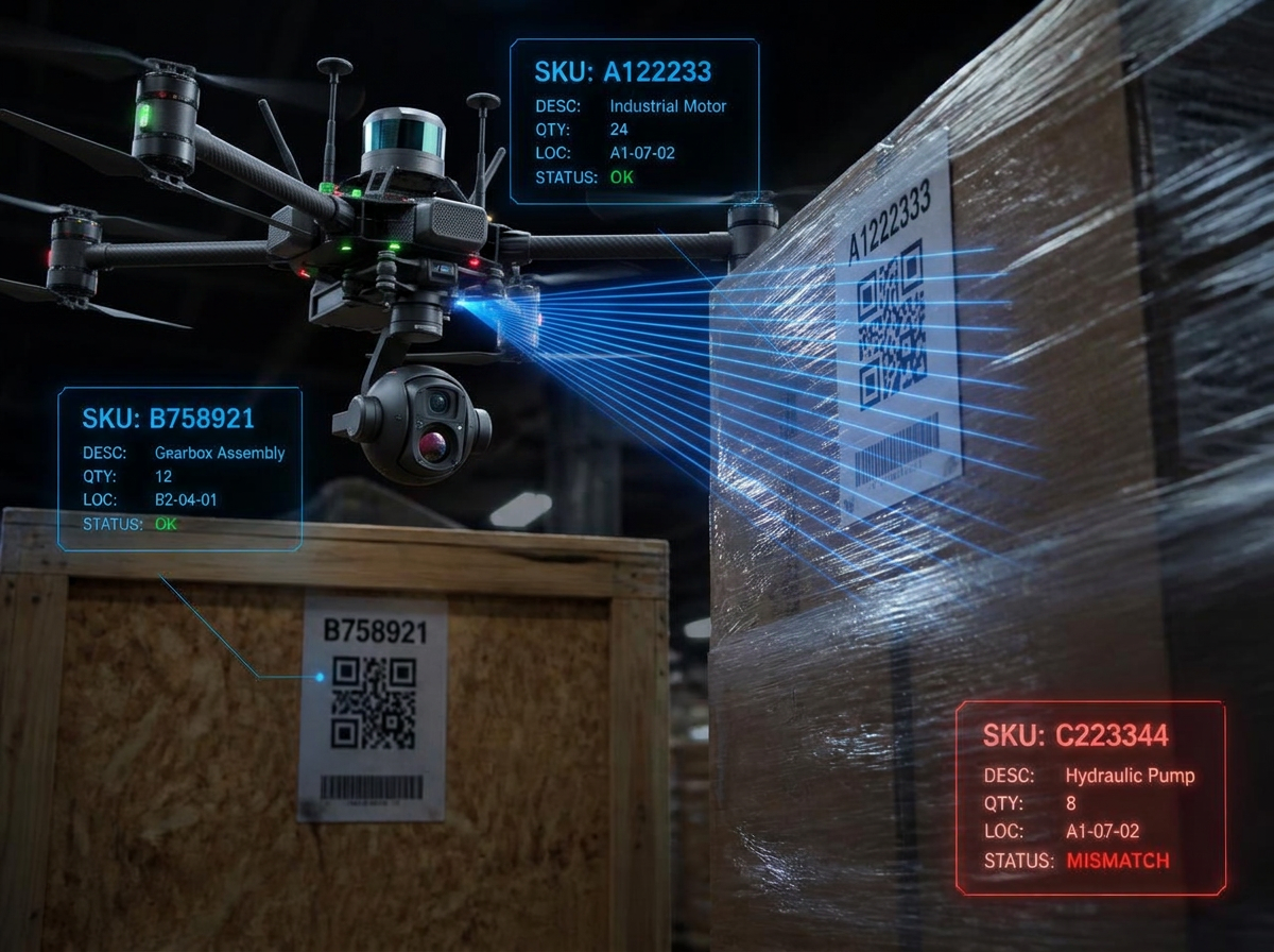 Drone reading barcode and QR labels on wrapped pallets with blue holographic SKU overlays and one red mismatch