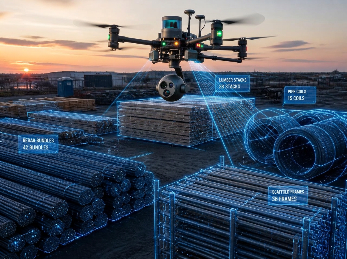Drone counting rebar bundles, lumber stacks, pipe coils and scaffold frames in a laydown yard with blue laser outlines