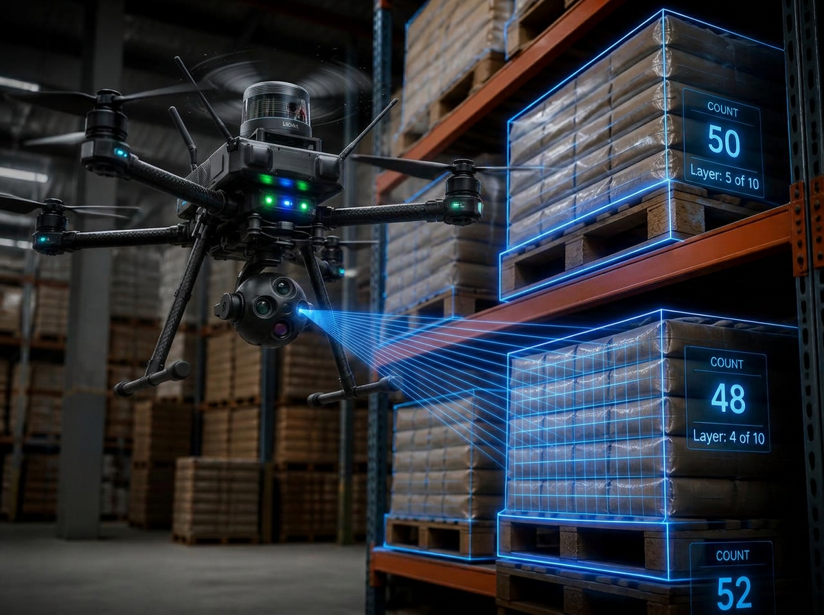 Drone counting layers of bagged material on warehouse racking with blue laser wireframe and count labels