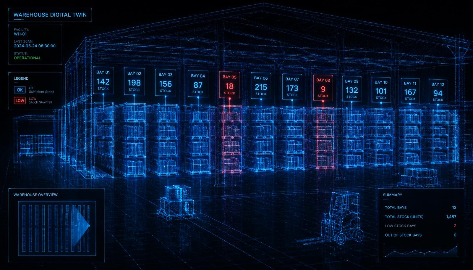 Blue wireframe digital twin of a warehouse with per-bay stock counts and two bays flagged red